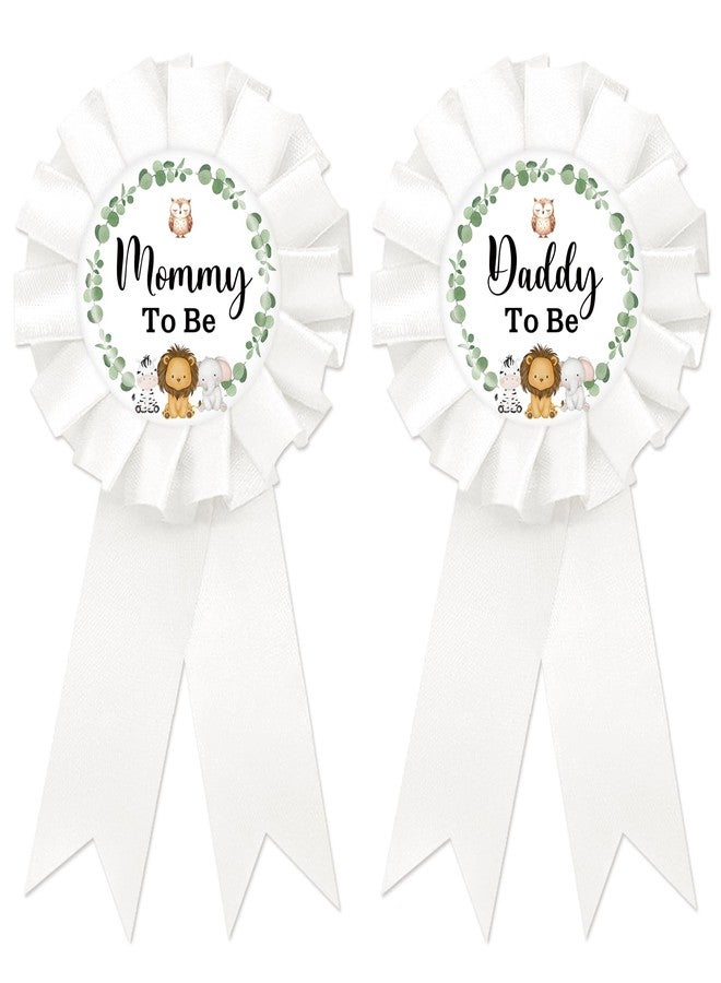 SUPERLUBY Safari Mom to Be Tinplate Badge Pin, Jungle Animal Daddy to Be Pin, Gender Reveal Button for New Parents, White Rosette Mom to Be Award Ribbon, Wild Animal Baby Shower Party Favors - Image 1